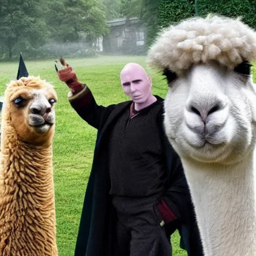 Prompt: voldemort fights harry potter, photobomb by an alpaca