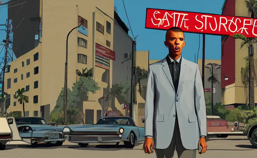 Prompt: Stromae in GTA V loading screen by Stephen Bliss