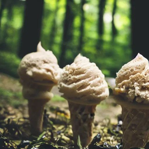 Image similar to a photograph of a clump of vanilla-chocolate swirl ice cream cones with sprinkles growing in the deep lush forest like mushrooms. Shallow depth-of-field