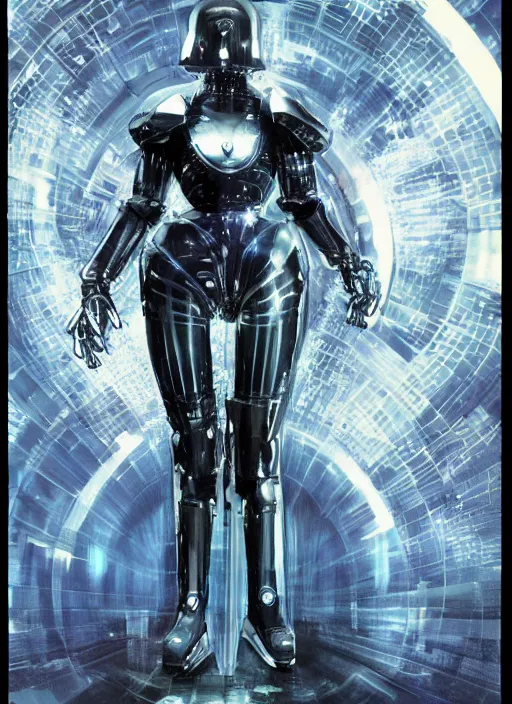 Image similar to cyberknight - complex and hyperdetailed technical suit design. reflection and dispersion materials. rays and dispersion of light. volumetric light. f / 3 2. noise film photo. flash photography. ultra realistic, 5 0 mm. poster by wayne barlowe, hajime sorayama aaron horkey, craig mullins