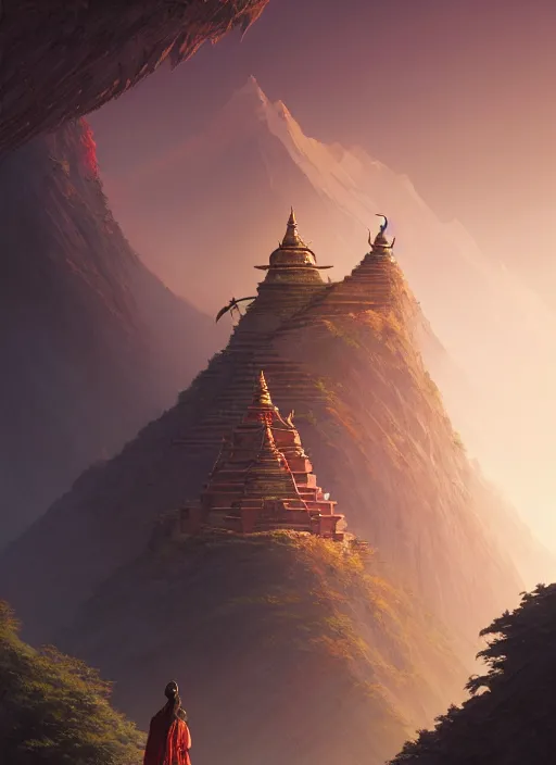 Image similar to highly detailed portrait tibet mountain, stephen bliss, unreal engine, fantasy art by moebius greg rutkowski, loish, rhads, ferdinand knab, makoto shinkai and lois van baarle, ilya kuvshinov, rossdraws, tom bagshaw, global illumination, radiant light, detailed and intricate environment