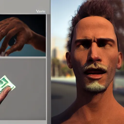 Image similar to rich person flexing their cash to poor people, poor people with no money, person raising money up in front of people, photorealistic + rendered in vrat + hd + trending on artstation + DOF + Reality