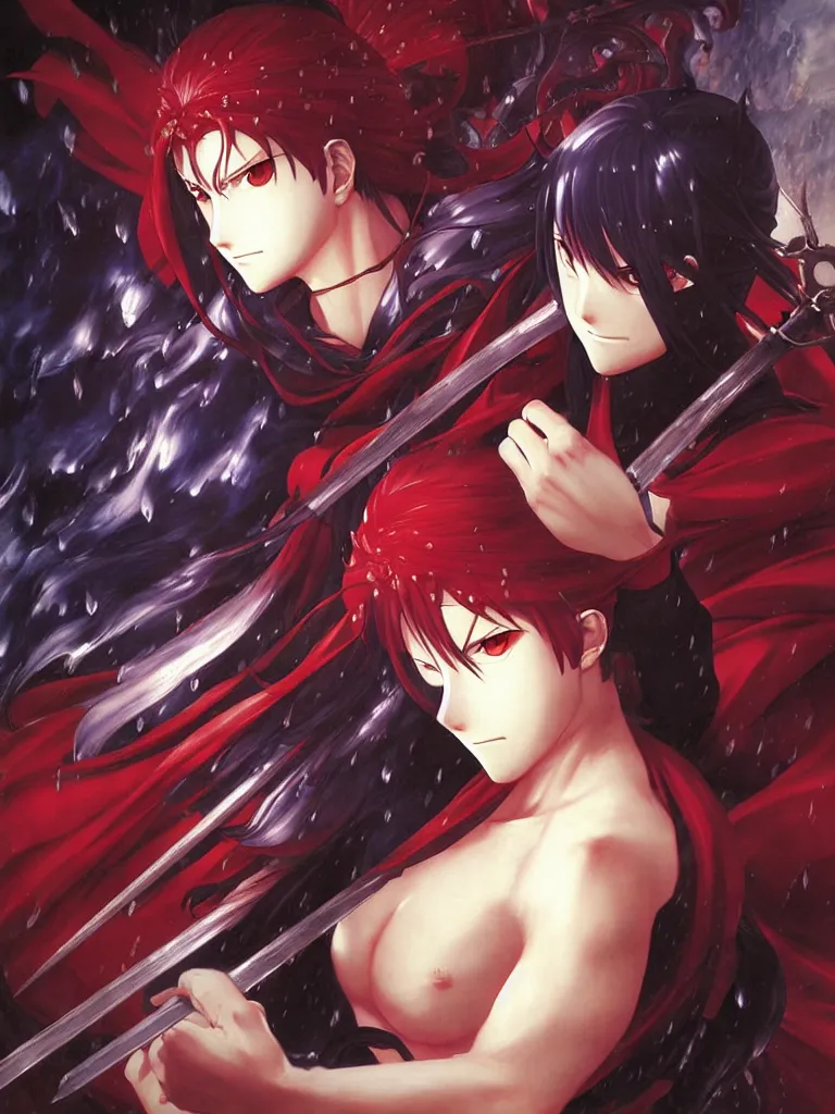 Prompt: baroque oil painting of kunoichi, rain, painting by makoto shinkai takashi takeuchi yoshiyuki sadamoto wlop and artgerm, fate stay night