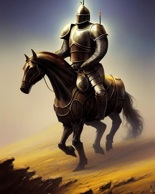 Image similar to a knight in armor on a thick strong horse by mike allred and frazetta and karol bak sharp digital painting. dreaming latent space. matte painting, concept art. artstation. digital render. realistic, 8 k