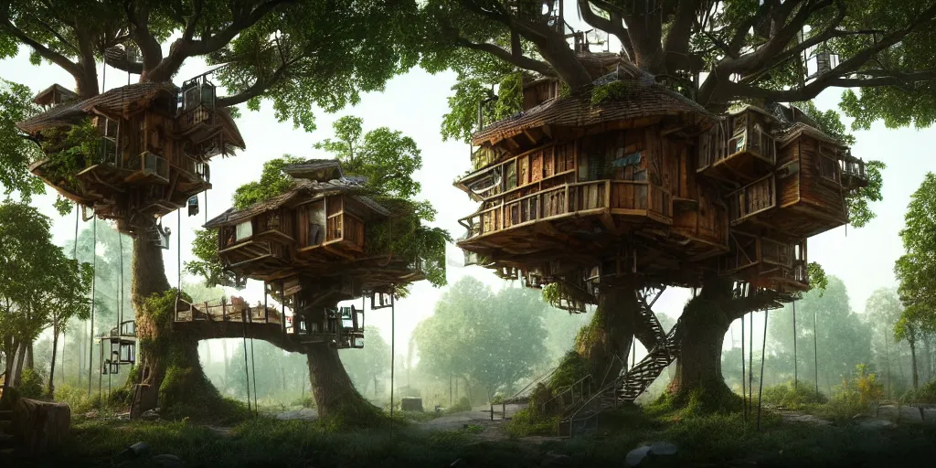 Prompt: a treehouse city, highly detailed, 8 k, hdr, award - winning, octane render, artstation, volumetric lighting