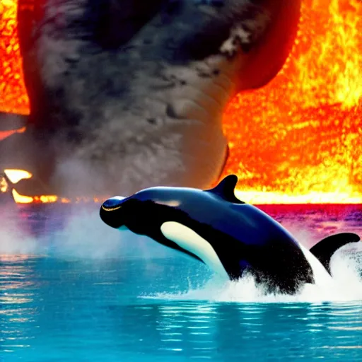 Image similar to ryan gosling in swimming trunks and cyberpunk style goggles rides a killer whale in a lava lake, photo