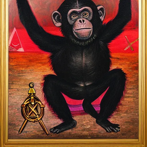 Image similar to portre of an autistic demonic chimpanzee on acid, masonic and kabalistic symbols in background, oil painting