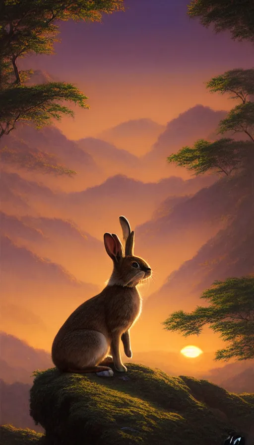 Image similar to hyper realistic rabbit looking off of a cliff, sun setting behind rabbit silhouette, lush forest in valley below, painted by craig mullins, j. c. leyendecker 8 k