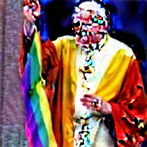 Prompt: John Paul II wearing a lgbt colored robe, nazi salute