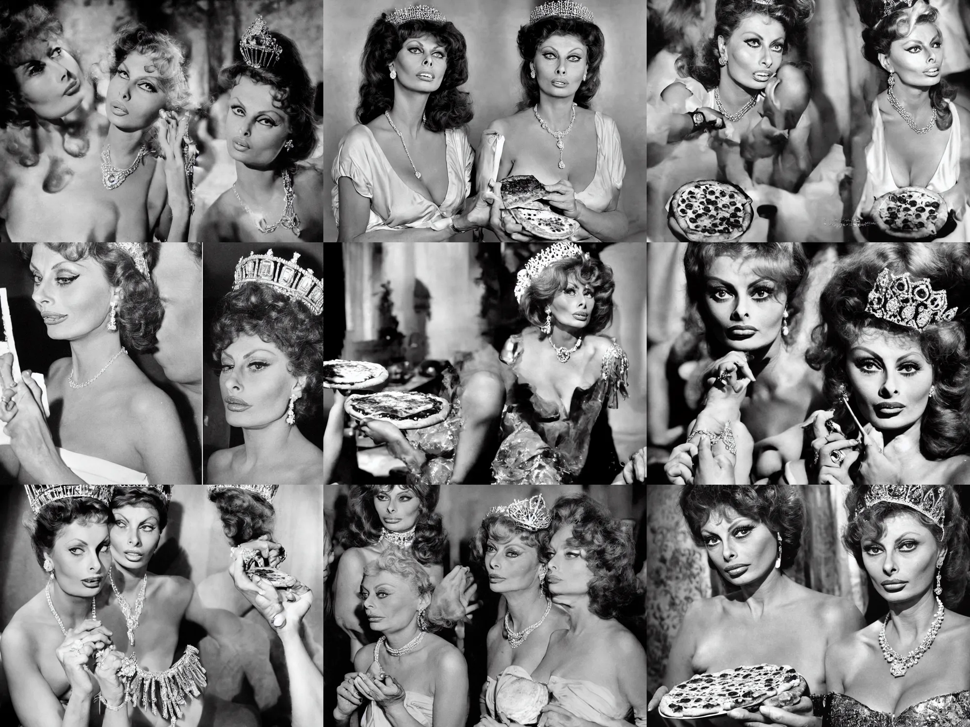 Prompt: young beauty sophia loren vs old royal queen margherita of italy, posing with a pizza margherita, tiara, pearl necklace, beautiful, stunning, smooth lighting, exquisit detail, masterpiece, timeless, historical photo by letizia battaglia