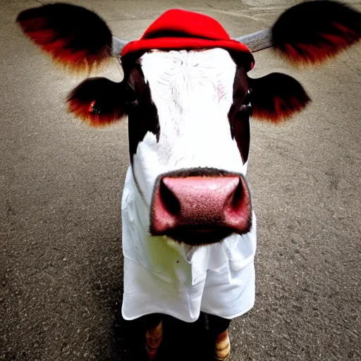 Image similar to mugshot of a cow dressed as an inmate