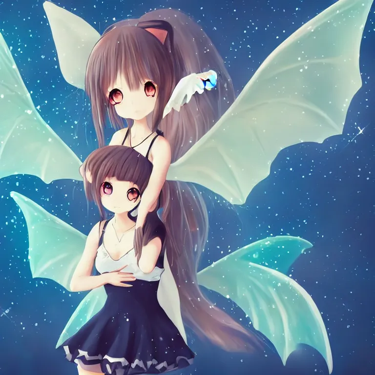 Image similar to cute, full body, female, anime style, a cat girl with fairy wings patting a dragon, large eyes, beautiful lighting, sharp focus, simple background, creative, heart effects, filters applied, illustration