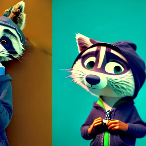 Prompt: a very relaxed stoner with a black hoodie on with a furry raccoon head from zootopia, wearing teal beanie, holding a small vape, blowing out smoke, 3 d render, 8 k, 4 k, extremely detailed fur, wearing a cool marijuana leaf t - shirt