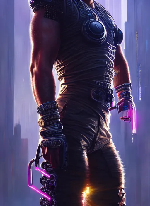 Image similar to van damme as cyberpunk raider, intricate, elegant, glowing lights, highly detailed, digital painting, artstation, glamor pose, concept art, smooth, sharp focus, illustration, art by artgerm and greg rutkowski, artey freytag