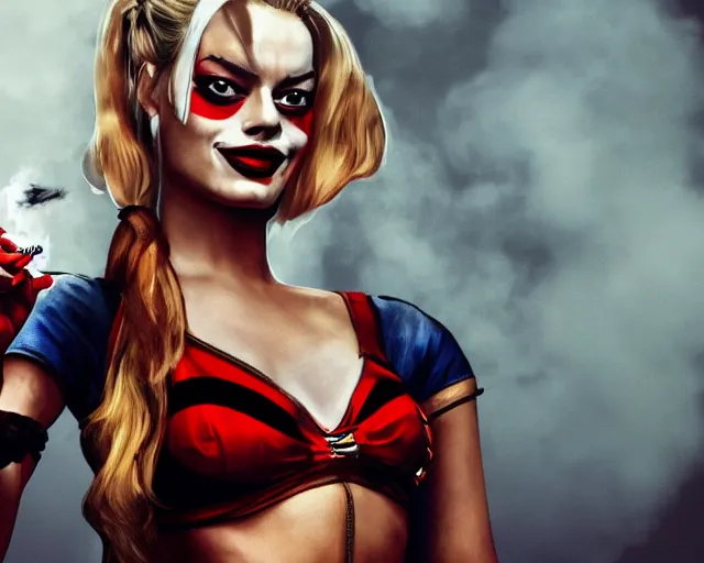 Image similar to Margot Robbie as a harley quinn smoking a cigarette, smoke cloud, cinematic, 4k digital art, highly detailed