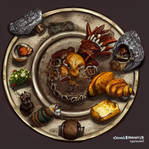 Prompt: a plate of unusual dwarven cuisine, rpg item, fantasy concept art