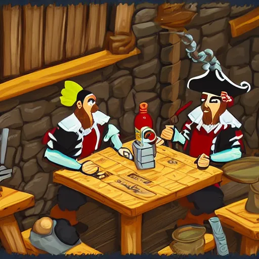 Image similar to important pirates drinking grog in a tavern table 16 bit