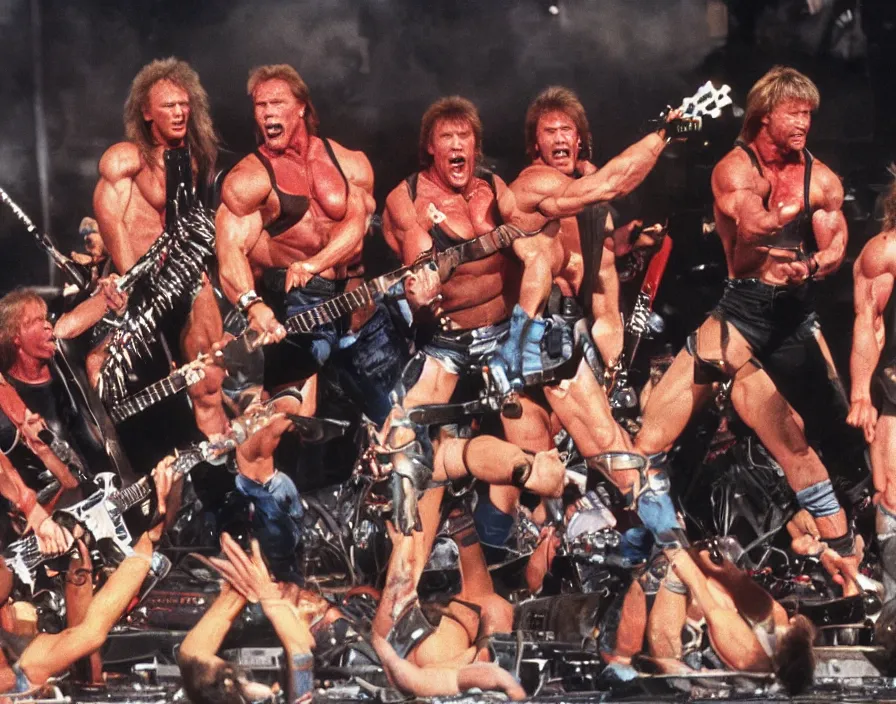 Prompt: colour photo off arnold schwarzenegger, sylvester stallone, dolph lundgren, Chuck Norris and Jean-Claude Van Damme in a heavy metal band, playing guitars, drums, on stage at monsters of rock 1992, pyrotechnics, smoke, vivid colors, daylight, photo real, 28mm, press photograph, wide view, Eastman EXR 50D 5245/7245