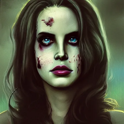 Prompt: color portrait of lana del rey as a zombie with transluscent light, 7 days to die zombie, gritty background, fine art, award winning, intricate, elegant, sharp focus, cinematic lighting, digital painting, 8 k concept art, art by michael hussar, art by brom, art by guweiz and z. w. gu, 8 k