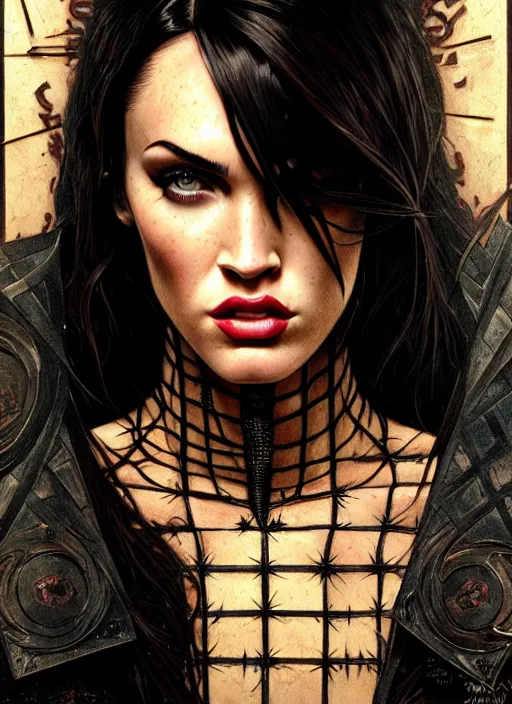 Image similar to portrait of megan fox as pinhead, bald, hellraiser, hell, intricate, headshot, highly detailed, digital painting, artstation, concept art, sharp focus, cinematic lighting, illustration, art by artgerm and greg rutkowski, alphonse mucha, cgsociety