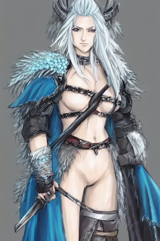 Prompt: beautiful semi realistic anime portrait of a gorgeous female barbarian with white hair, pale blue eyes, looking at camera, D&D, fur cape, full body plated armor, long wild spiky hair, cocky smirk, intricate outfit, elegant, stylish, fantasy, dark fantasy, epic fantasy, extremely detailed, digital painting, artstation, concept art, HD, 8k, smooth, sharp focus, illustration, stunning lighting, art by artgerm and Krenz Cushart and Yoshitaka Amano and Frank Frazetta, fully clothed, fully dressed