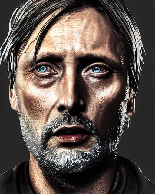 Prompt: mads mikkelson as clifford unger from death stranding, tears of tar, mysterious portrait, cinematic lighting, black background, digital painting photoshop, ultra detailed hdr 8 k