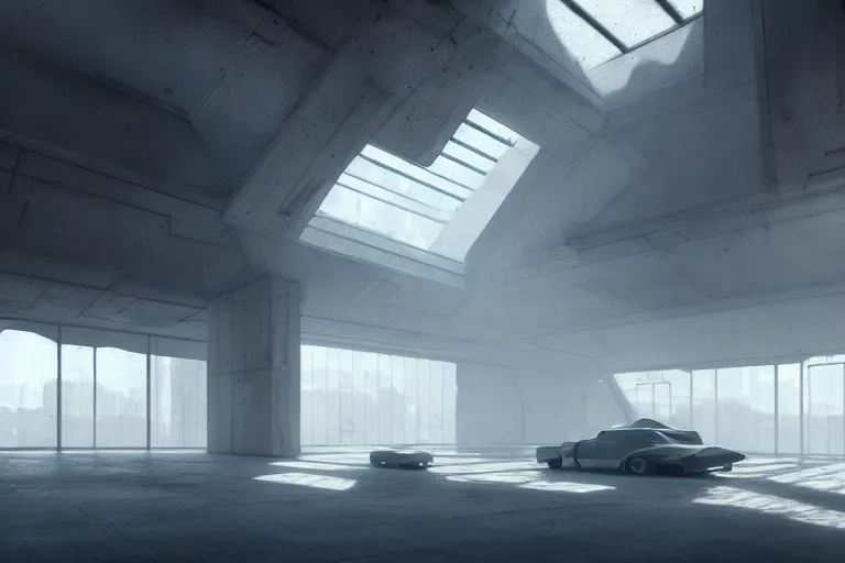 Image similar to hyper realistic interior photo of a white concrete brutalist megastructure with huge windows and skylights, volumetric light rays, style of simon stalenhag and alphonse mucha, cinematic and blue cold atmospheric, archillect concept art, trending on artstation, epic matte painting by weta digital, cgisociety