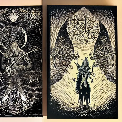 Image similar to black paper + tarot card + pinocchio from The Lord of the Rings, vintage detailed fantasy illustration designed by Gerald Brom + psychedelic black light style + intricate ink illustration + symmetry + elden ring