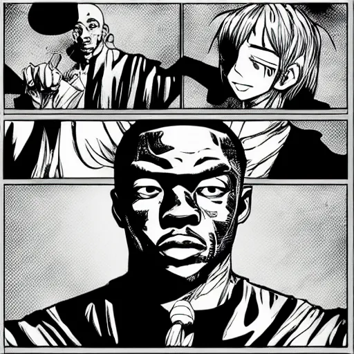 Image similar to manga panel of dr dre in the style of kentaro miura, 8 k, 4 k, masterpiece, trending on artstation