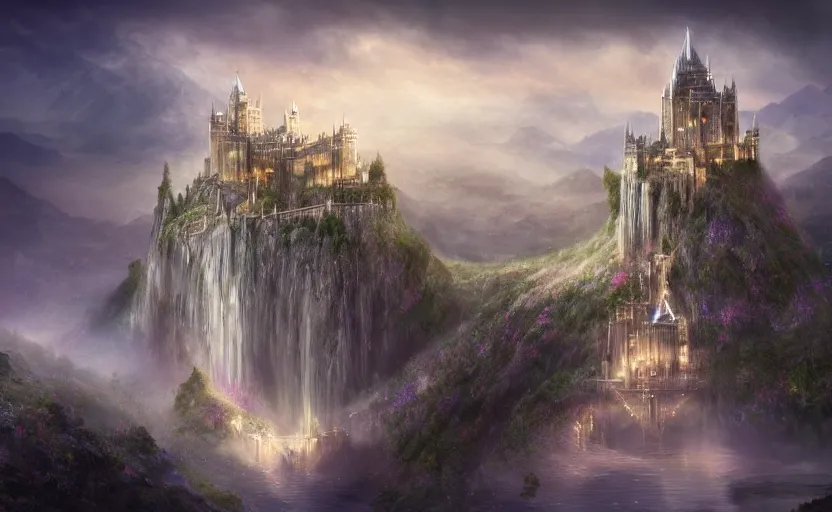 Image similar to beautiful secret city of the elves gondolin on top of a mountain, magical gloomy mystical, under attack. by konstantin razumov, fractal flame, chiaroscuro, highly detailded, mech robot