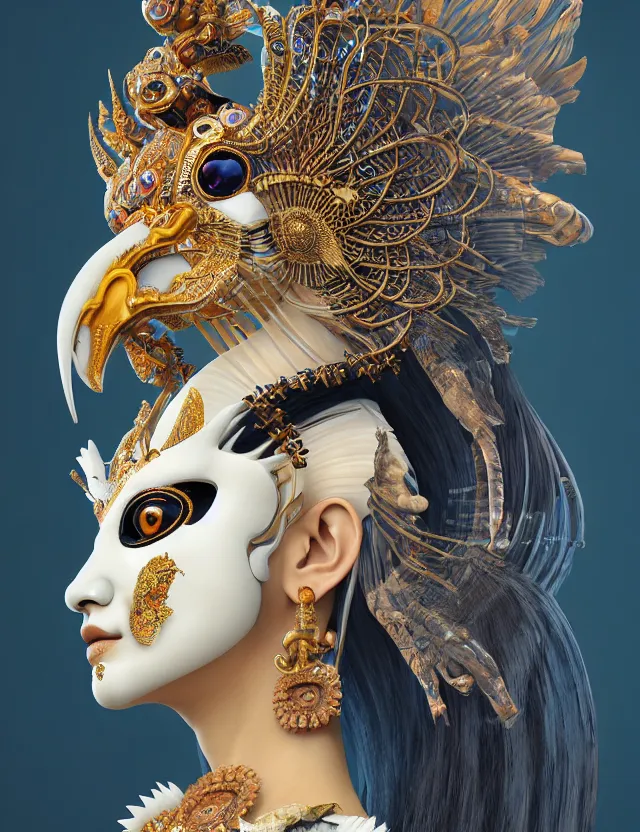 Image similar to 3 d goddess close - up profile portrait with crown, ram skull. beautiful intricately detailed tribal japanese crow kitsune mask and clasical japanese kimono. betta fish, jellyfish phoenix, bio luminescent, plasma, ice, water, wind, creature, artwork by tooth wu and wlop and beeple and greg rutkowski