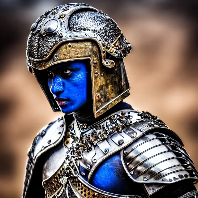 Prompt: photo of a warrior with sapphire encrusted armour highly detailed 8 k hdr smooth sharp focus high resolution award - winning photo dslr 5 0 mm