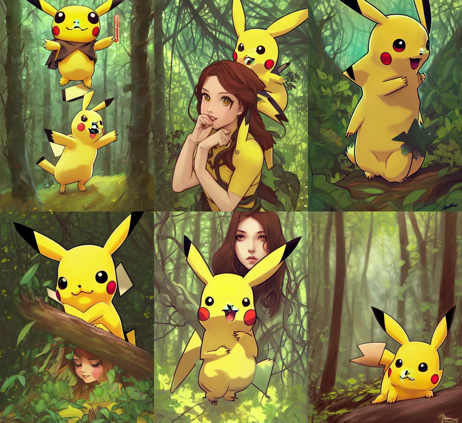 Prompt: A pikachu in a forest, highly detailed, digital painting, artstation, concept art, smooth, sharp focus, illustration, art by artgerm and alphonse mucha, high definition digital art, in the style of Ross tran and ilya kuvshinov