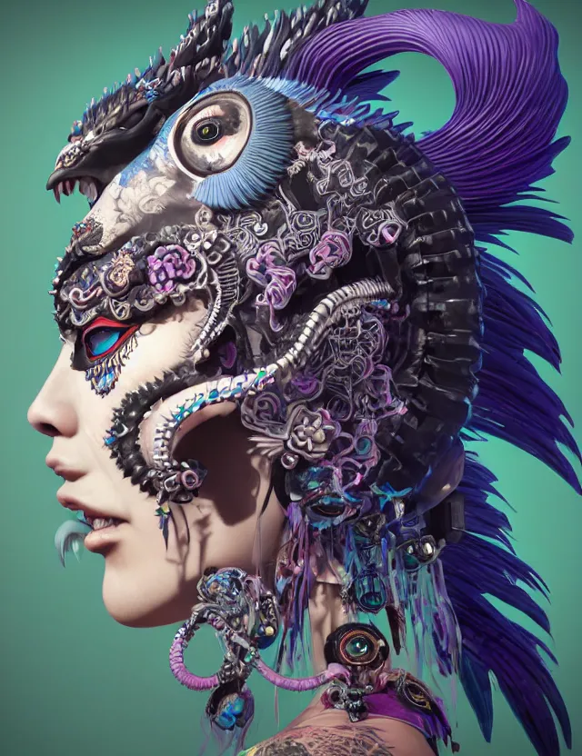 Image similar to 3 d goddess close - up profile portrait punk with mohawk with ram skull. beautiful intricately detailed japanese crow kitsune mask and clasical japanese kimono. betta fish, jellyfish phoenix, bio luminescent, plasma, ice, water, wind, creature, artwork by tooth wu and wlop and beeple and greg rutkowski