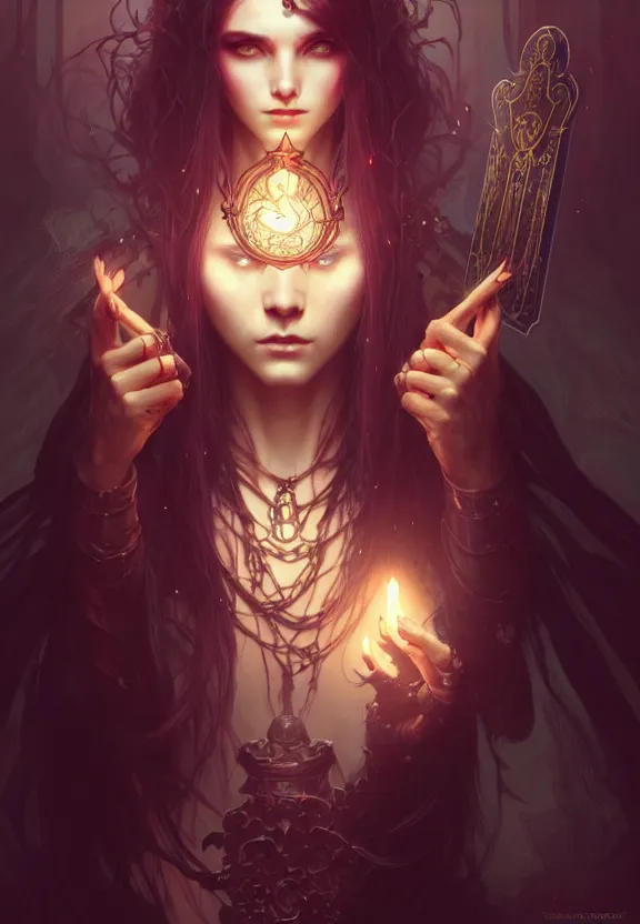 Image similar to Necromancer Sorceress, fantasy magic, undercut hairstyle, dark light night, intricate, elegant, sharp focus, illustration, highly detailed, digital painting, concept art, matte, art by WLOP and Artgerm and Greg Rutkowski and Alphonse Mucha, masterpiece