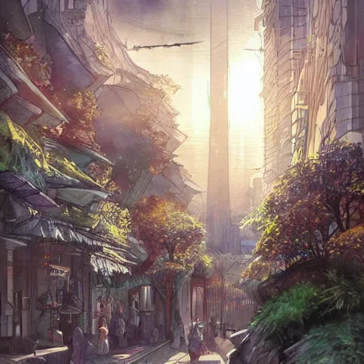 Image similar to Beautiful happy picturesque charming sci-fi city in harmony with nature. Beautiful light. Nice colour scheme, soft warm colour. Beautiful detailed watercolor by Lurid. (2022)