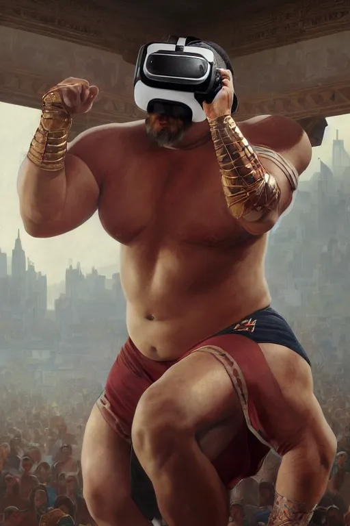 Image similar to painting of a wrestler character wearing vr goggles, shrugging arms, ultra realistic, sharp details, subsurface scattering, intricate details, warm lighting, highly detailed, photorealistic, octane render, 8 k, unreal engine, art by artgerm and greg rutkowski and alphonse mucha