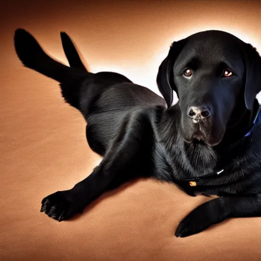Prompt: black Labrador retriever wearing a necktie, photograph, ultra realistic, high quality, studio lighting