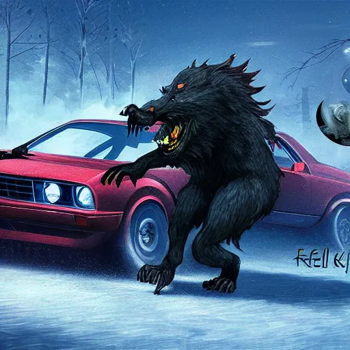 Image similar to werewolf driving a car, crashing it, artstation, Michael Whelan, digital art, felix Kelly, 8k photography