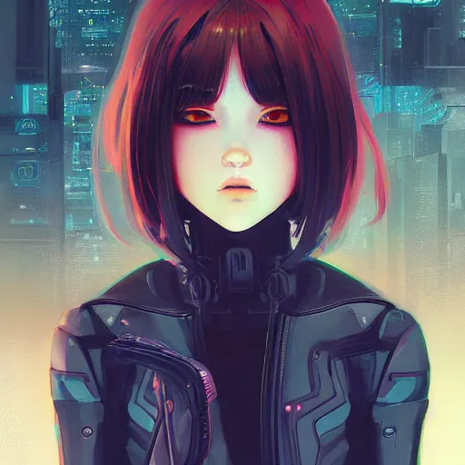 Image similar to A comic potrait of a cyberpunk cyborg girl with big and cute eyes, fine-face, realistic shaded perfect face, fine details. Night setting. Very anime style. Realistic shaded lighting poster by Ilya Kuvshinov katsuhiro, magali villeneuve, artgerm, Jeremy Lipkin and Michael Garmash, Rob Rey and Kentarõ Miura style, trending on art station