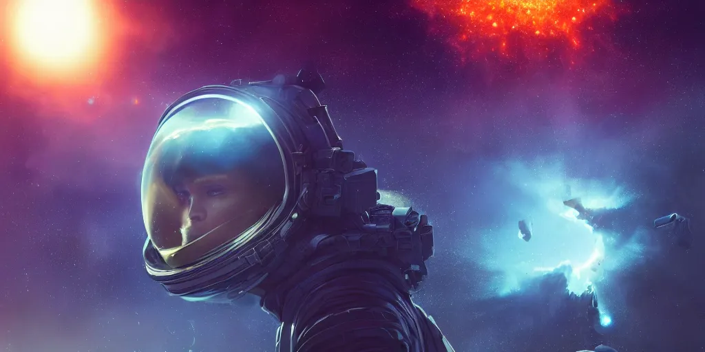 Image similar to 3 d render of an astronaut exploring a supernova, by mark kolobaev and greg rutkowski and ross tran, ultra high definition, ultra detailed, intricate, sharp focus, symmetry, sci - fi, fantasy, neon, galaxies, stars, space, octane, cgsociety, artstation, cinematic lighting, portrait, james webb