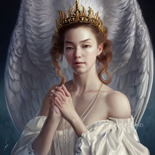 Prompt: A masterpiece portrait of a royal princess baroque rococo girl with tall white amazing with angel wings. trending on artstation, digital art, by Stanley Artgerm Lau, WLOP, Rossdraws, James Jean, Andrei Riabovitchev, Marc Simonetti, Yoshitaka Amano