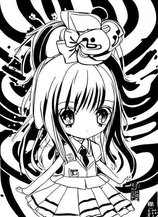 Image similar to manga style, black and white manga, multi - panel kawaii chibi manga, school girl kuudere, by gen urobuchi and yuyuko takemiya, japanese language, aharen - san