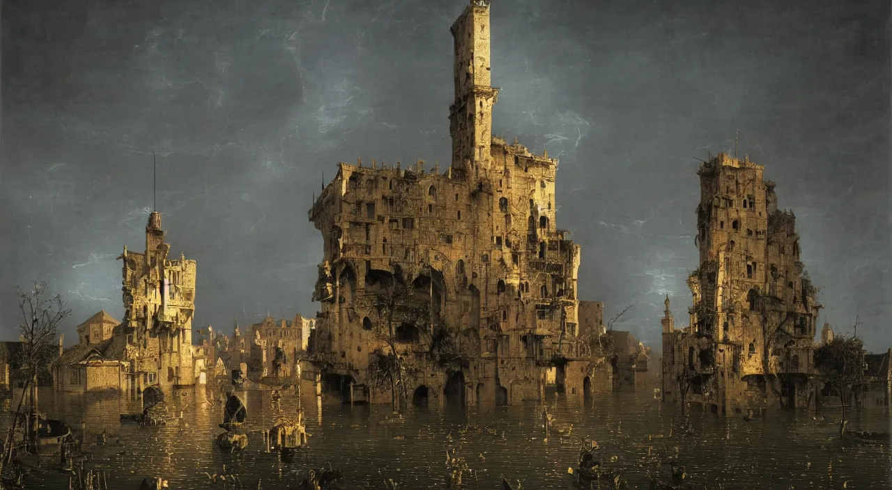 Prompt: a hyperrealistic 8k 3d octane render of a flooded ancient tower at night by canaletto piranesi belotto simon stalenhag carl spitzweg jan van eyck audubon rene magritte max ernst, full-length view, highly detailed, vibrant colors, extremely high contrast!, symmetry, great composition, high detail, cinematic lighting, award winning masterpiece, trending on artstation