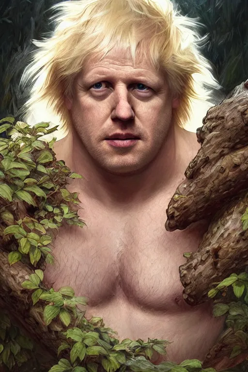 Prompt: portrait of boris johnson as a hairy blond hulking herculean demon, very pale skin, forest, godlike, full body, fantasy, intricate, elegant, highly detailed, digital painting, artstation, concept art, sharp focus, illustration, art by artgerm and greg rutkowski and alphonse mucha