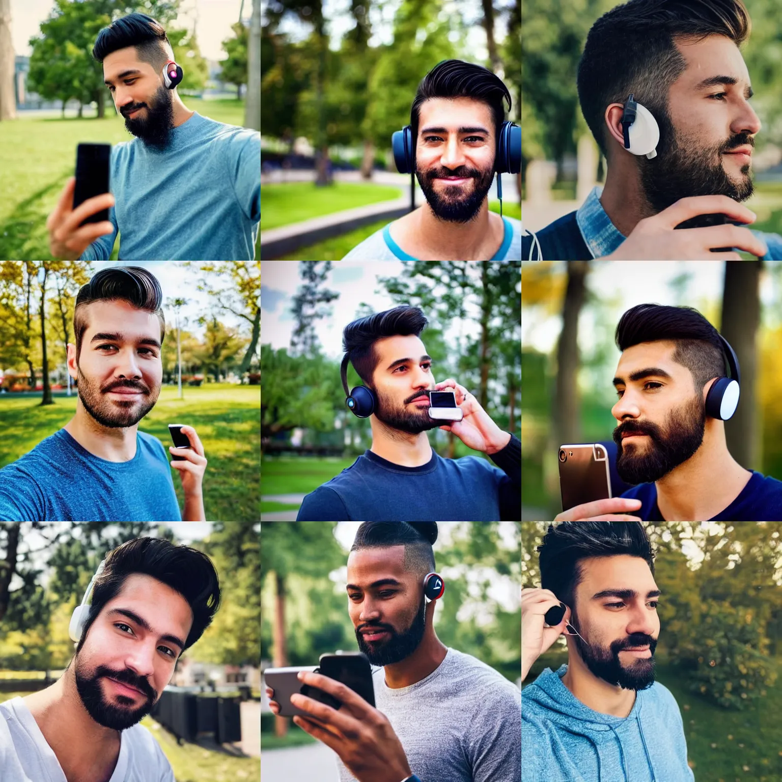 Prompt: modern color fine details iphone 12 Pro selfie photograph of a perfect and handsome 30 year old man with some facial hair, wearing earbuds, taking a selfie in a park on an iPhone 12 Pro, modern HD cell phone photograph in color, instagram, IQ4, 150MP, 50mm, F1.4, ISO 200, 1/160s, natural light, Adobe Photoshop, Adobe Lightroom, photolab, Affinity Photo, PhotoDirector 365