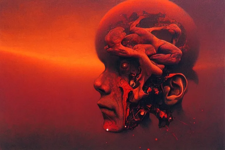 Image similar to head of a man falling apart, in the style of chris foss, in the style of beksinski, intricate and epic composition, red by caravaggio, insanely quality, highly detailed, masterpiece, purple light, artstation, 4 k