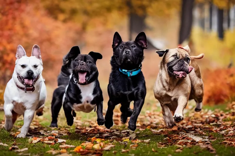 Image similar to four dogs of completely different breeds running through autumn leaves towards the camera