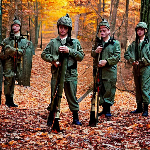 Prompt: portrait of soldiers armed with leaf blowers in a fall forest, by Steve McCurry and David Lazar, natural light, detailed face, CANON Eos C300, ƒ1.8, 35mm, 8K, medium-format print
