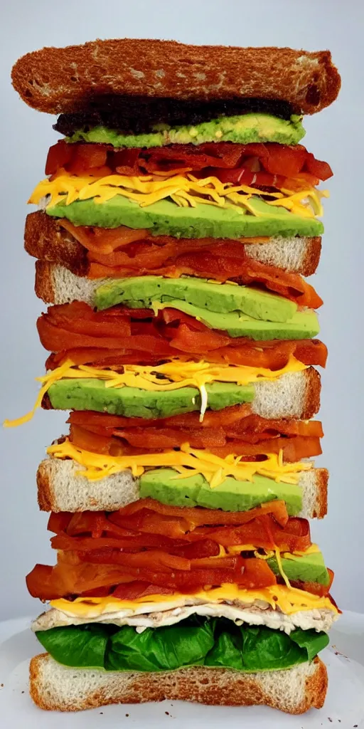 Image similar to the most tall sandwich with fried tofu, one red tomato slice, mayo, onion, avocado, melted cheddar, red dish, background : jupiter and stars in the sky